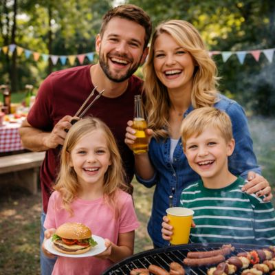 Familie lacht gemeinsam in die Kamera